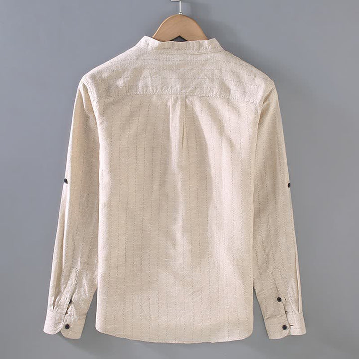Buddha Stones Spring Summer Casual Tang Style Mandarin Collar Striped Linen Men's Long Sleeve Shirts With Pocket - image 3
