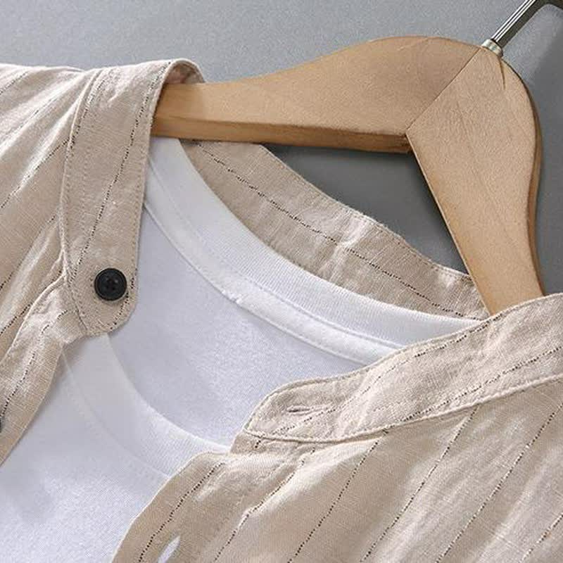 Buddha Stones Spring Summer Casual Tang Style Mandarin Collar Striped Linen Men's Long Sleeve Shirts With Pocket - image 4