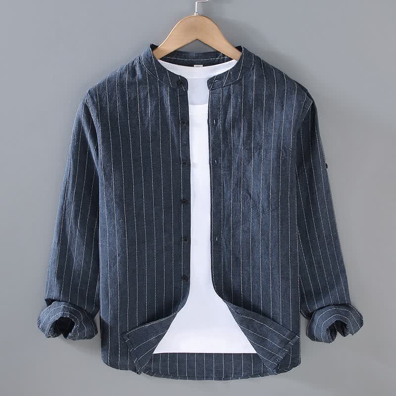 Buddha Stones Spring Summer Casual Tang Style Mandarin Collar Striped Linen Men's Long Sleeve Shirts With Pocket - MidnightBlue - US/UK/AU42，EU52 (3XL) - image 0