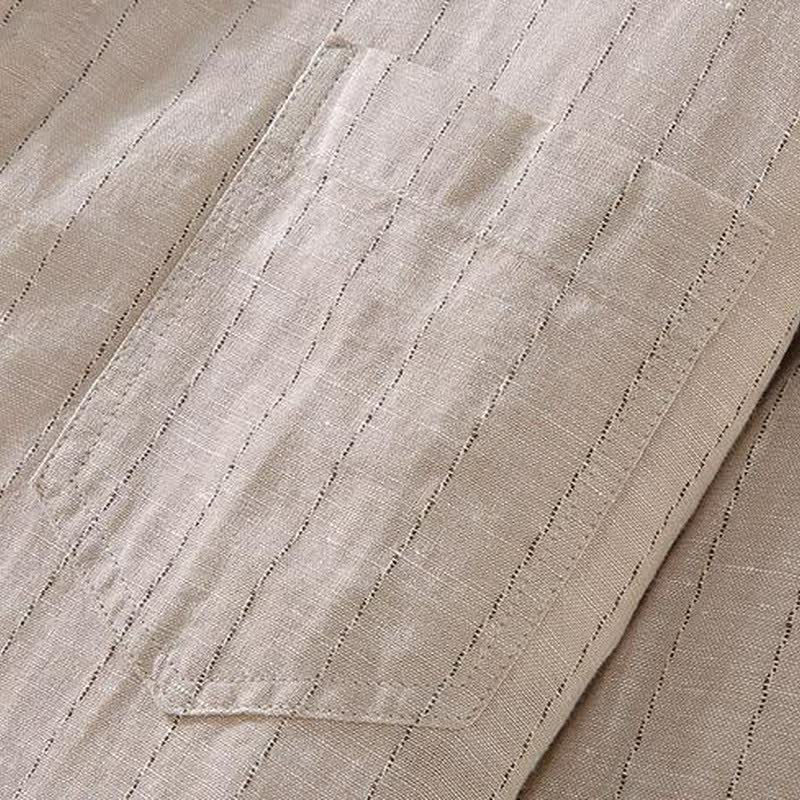 Buddha Stones Spring Summer Casual Tang Style Mandarin Collar Striped Linen Men's Long Sleeve Shirts With Pocket - image 5