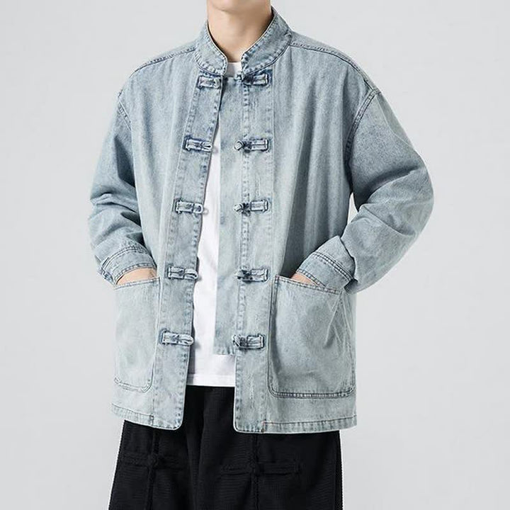 Buddha Stones Fall Vintage Tang Style Mandarin Collar Washed Solid Men's Jackets With Pocket - image 8