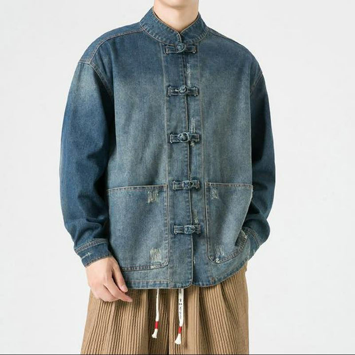 Buddha Stones Fall Vintage Tang Style Mandarin Collar Washed Solid Men's Jackets With Pocket - SteelBlue - US/UK/AU42，EU52 (3XL) - image 1