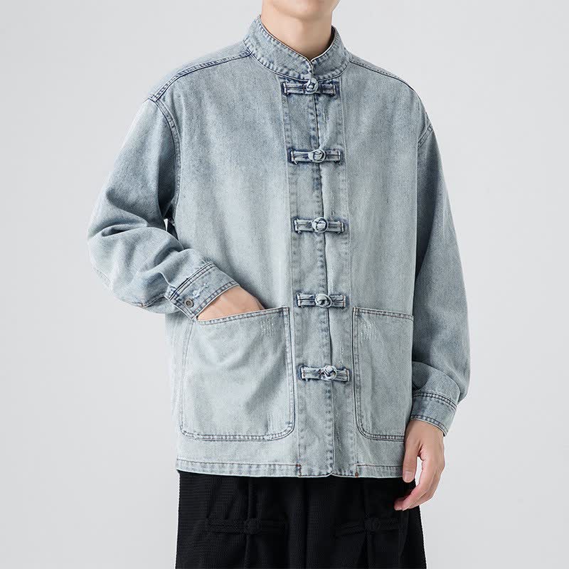 Buddha Stones Fall Vintage Tang Style Mandarin Collar Washed Solid Men's Jackets With Pocket - LightSteelBlue - US/UK/AU42，EU52 (3XL) - image 7