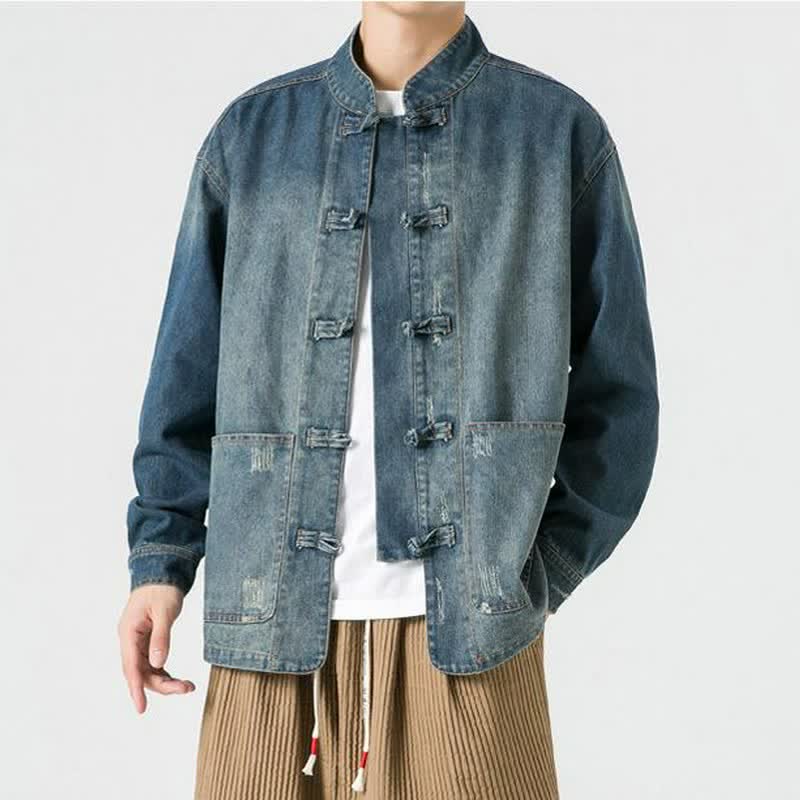 Buddha Stones Fall Vintage Tang Style Mandarin Collar Washed Solid Men's Jackets With Pocket - image 2