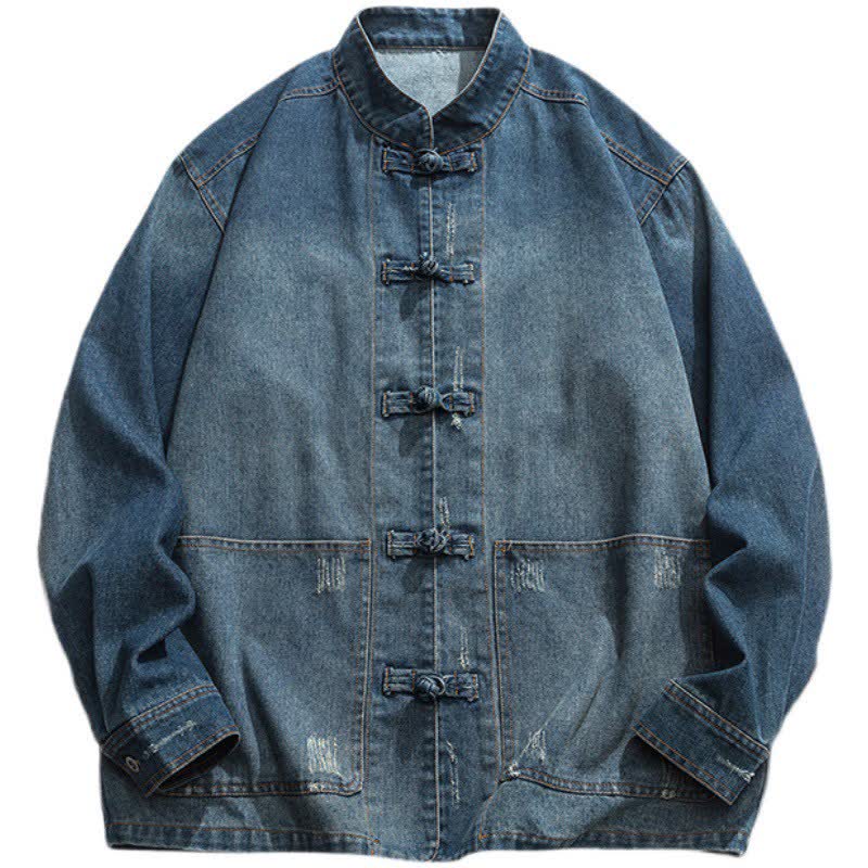 Buddha Stones Fall Vintage Tang Style Mandarin Collar Washed Solid Men's Jackets With Pocket - image 0