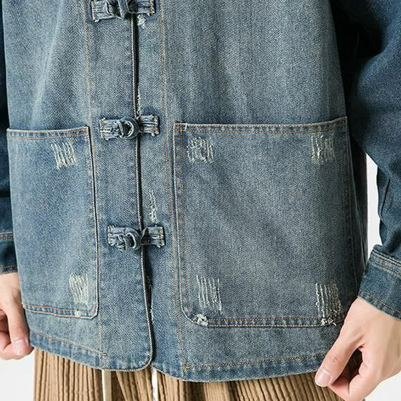 Buddha Stones Fall Vintage Tang Style Mandarin Collar Washed Solid Men's Jackets With Pocket - image 5