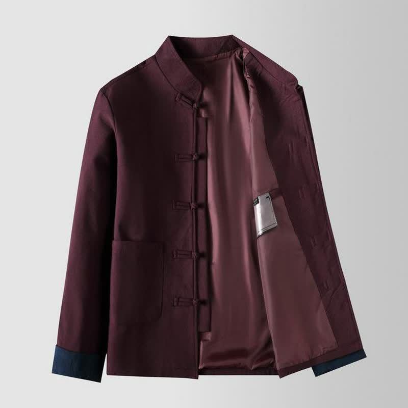 Buddha Stones Fall Winter Tang Style Vintage Mandarin Collar Frog Button Solid Men's Jackets With Pocket - image 4