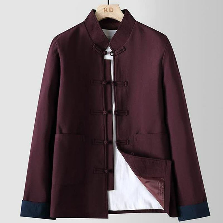Buddha Stones Fall Winter Tang Style Vintage Mandarin Collar Frog Button Solid Men's Jackets With Pocket - Maroon - US/UK/AU48，EU58 (6XL) - image 3