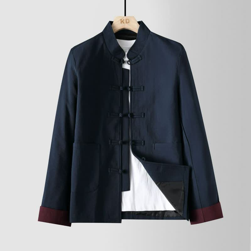 Buddha Stones Fall Winter Tang Style Vintage Mandarin Collar Frog Button Solid Men's Jackets With Pocket - Navy - US/UK/AU48，EU58 (6XL) - image 0