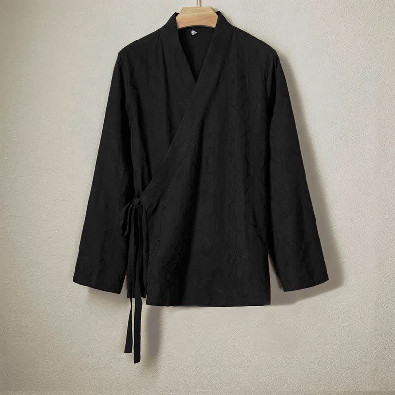 Buddha Stones Spring Summer Minimalist Casual Drawstring Solid Cotton Men's Long Sleeve Shirts - Black - US/UK/AU44，EU54 (4XL) - image 0