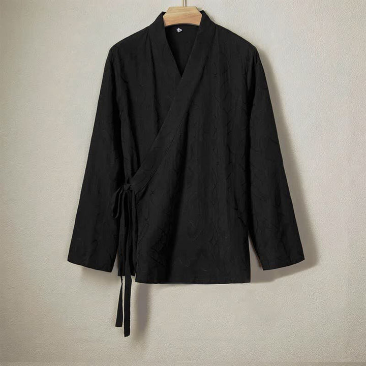 Buddha Stones Spring Summer Minimalist Casual Drawstring Solid Cotton Men's Long Sleeve Shirts - Black - US/UK/AU44，EU54 (4XL) - image 0