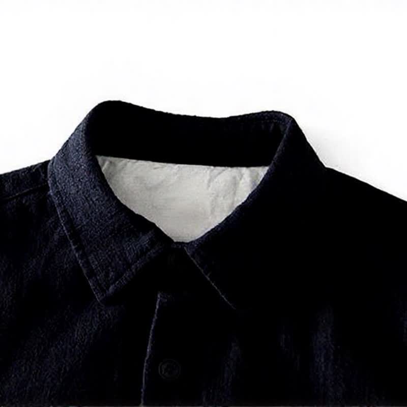 Buddha Stones Fall Casual Vintage Button-Up Patch Solid Ramie Men's Long Sleeve Shirts With Pocket - image 14
