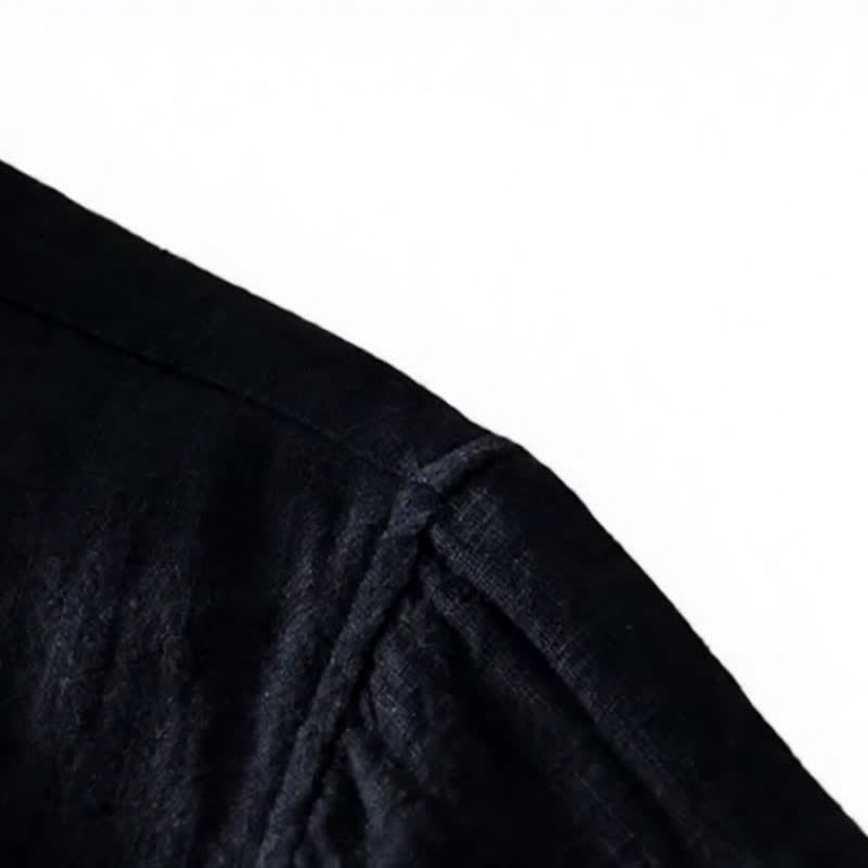 Buddha Stones Fall Casual Vintage Button-Up Patch Solid Ramie Men's Long Sleeve Shirts With Pocket - image 15