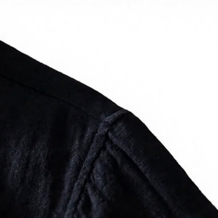 Buddha Stones Fall Casual Vintage Button-Up Patch Solid Ramie Men's Long Sleeve Shirts With Pocket - image 15