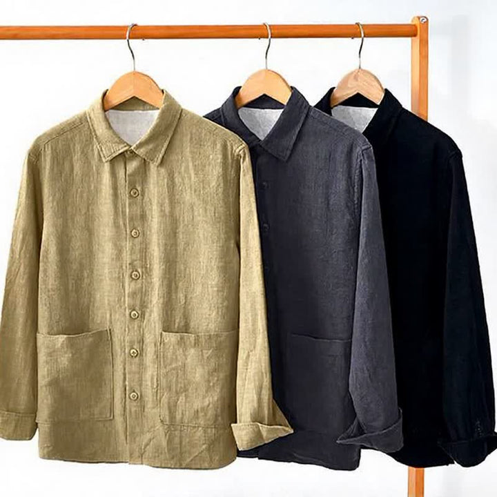 Buddha Stones Fall Casual Vintage Button-Up Patch Solid Ramie Men's Long Sleeve Shirts With Pocket - image 18