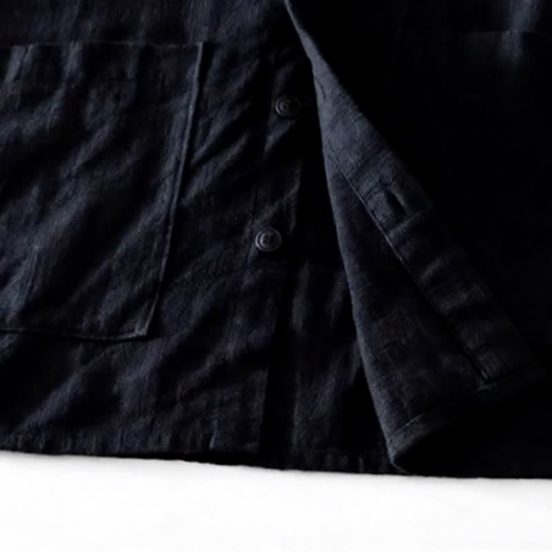 Buddha Stones Fall Casual Vintage Button-Up Patch Solid Ramie Men's Long Sleeve Shirts With Pocket - image 16