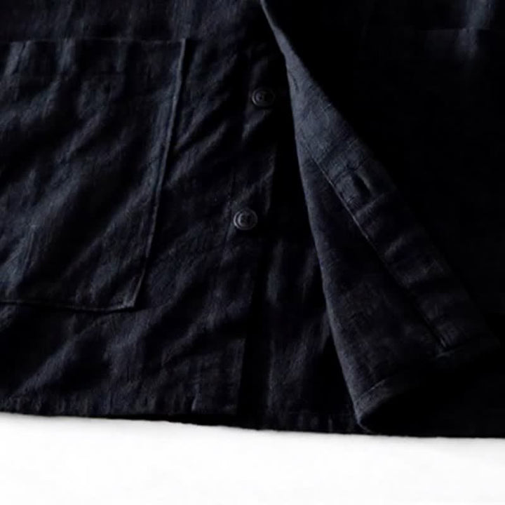 Buddha Stones Fall Casual Vintage Button-Up Patch Solid Ramie Men's Long Sleeve Shirts With Pocket - image 16