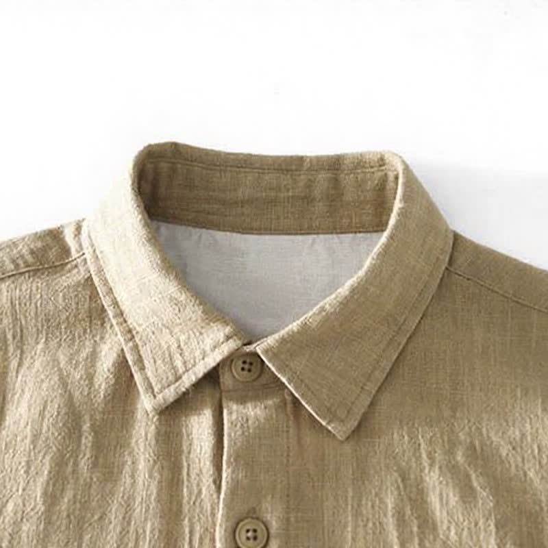 Buddha Stones Fall Casual Vintage Button-Up Patch Solid Ramie Men's Long Sleeve Shirts With Pocket - image 2