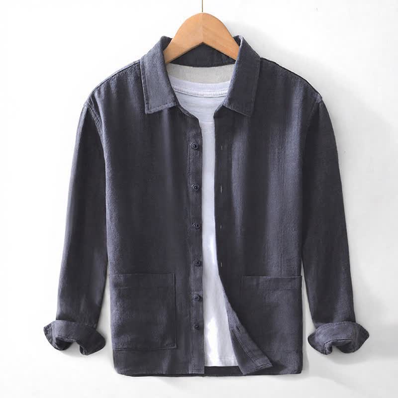 Buddha Stones Fall Casual Vintage Button-Up Patch Solid Ramie Men's Long Sleeve Shirts With Pocket - SlateGray - US/UK/AU42，EU52 (3XL) - image 6