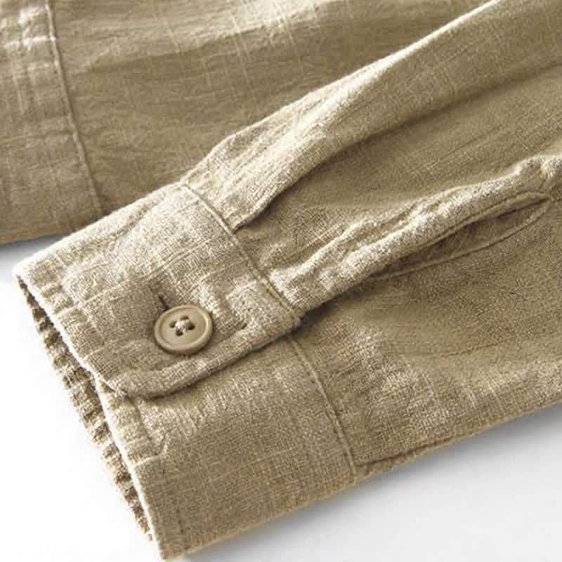 Buddha Stones Fall Casual Vintage Button-Up Patch Solid Ramie Men's Long Sleeve Shirts With Pocket - image 5