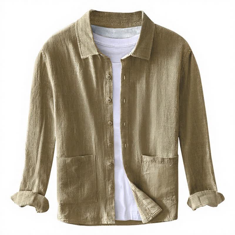 Buddha Stones Fall Casual Vintage Button-Up Patch Solid Ramie Men's Long Sleeve Shirts With Pocket - image 1
