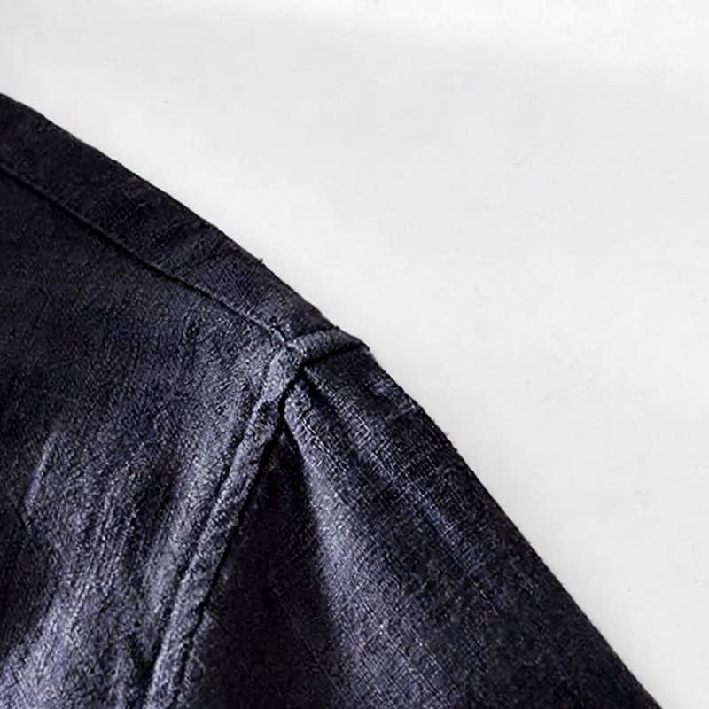 Buddha Stones Fall Casual Vintage Button-Up Patch Solid Ramie Men's Long Sleeve Shirts With Pocket - image 8