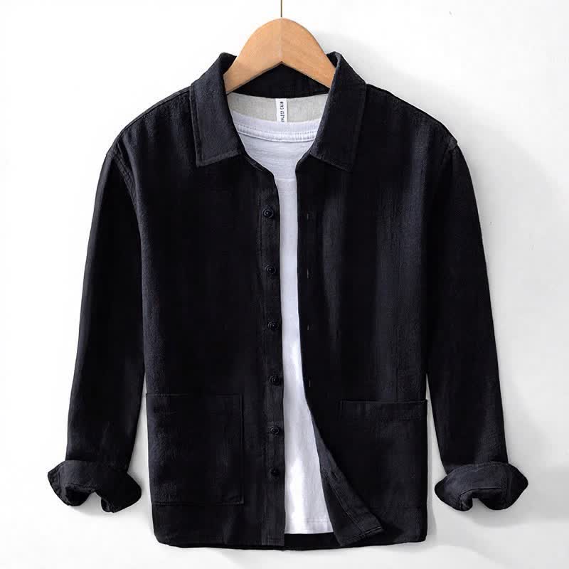 Buddha Stones Fall Casual Vintage Button-Up Patch Solid Ramie Men's Long Sleeve Shirts With Pocket - Black - US/UK/AU42，EU52 (3XL) - image 12