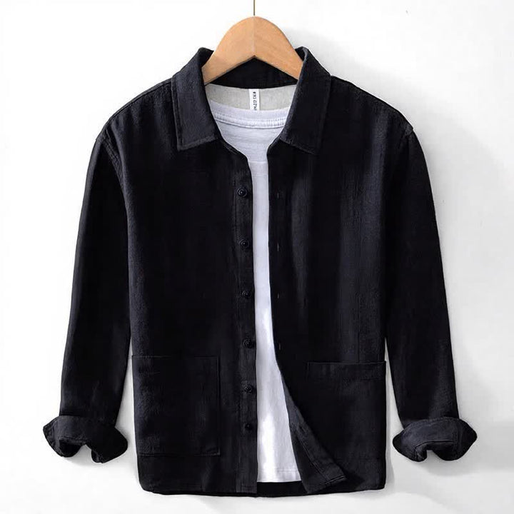 Buddha Stones Fall Casual Vintage Button-Up Patch Solid Ramie Men's Long Sleeve Shirts With Pocket - Black - US/UK/AU42，EU52 (3XL) - image 12