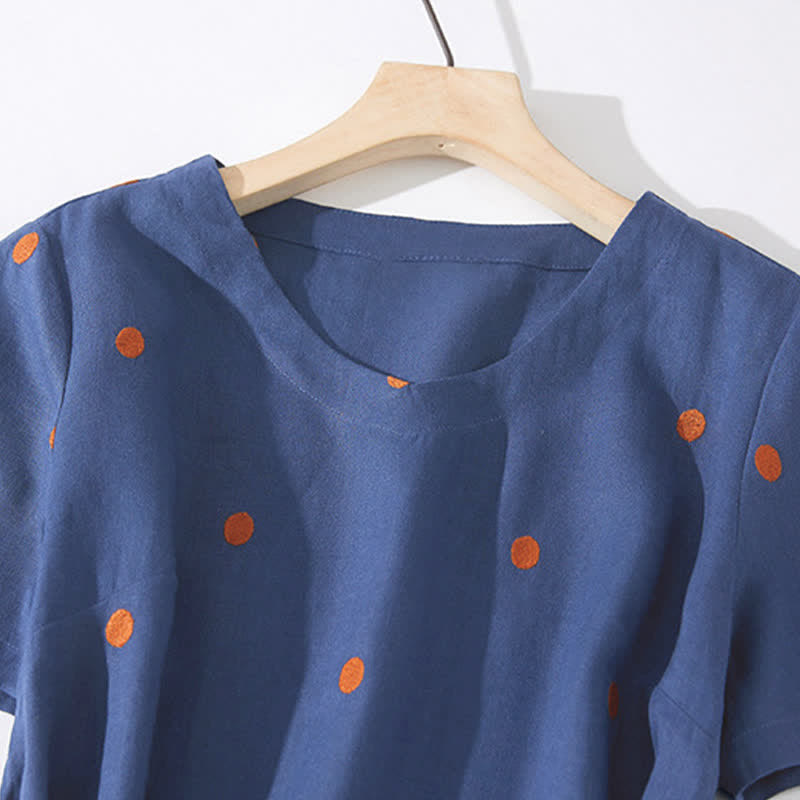 Buddha Stones Casual Dot Pattern Short Sleeve Lace-up Women's Midi Dress With Pockets - image 2