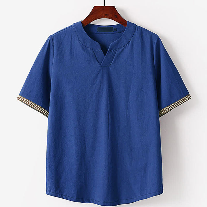 Buddha Stones Summer Embroidered Short Sleeve Notched Collar Men's Cotton Linen T-Shirt - SteelBlue - US/UK/AU56，EU66(9XL) - image 0