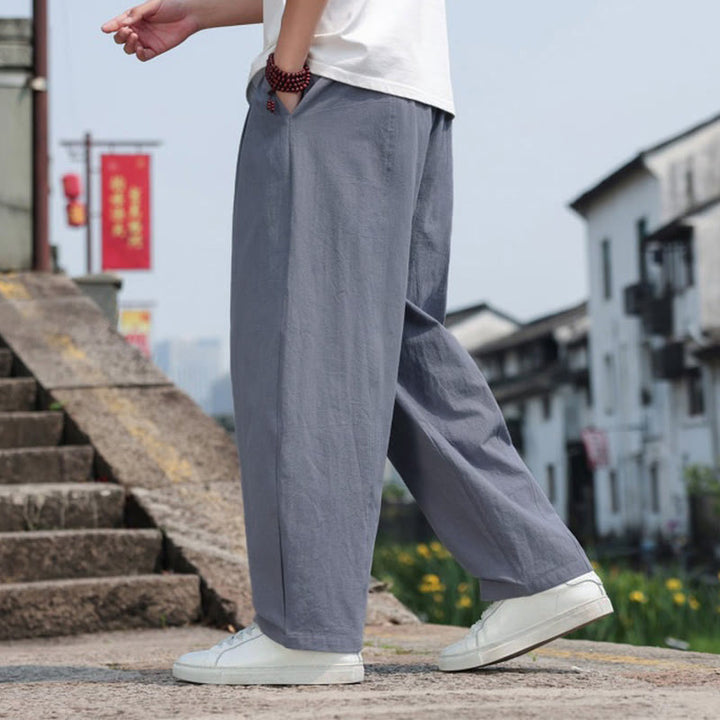 Buddha Stones Summer Casual Minimalist Drawstring Solid Cotton Long Pants Men's Harem Pants With Pocket - image 5