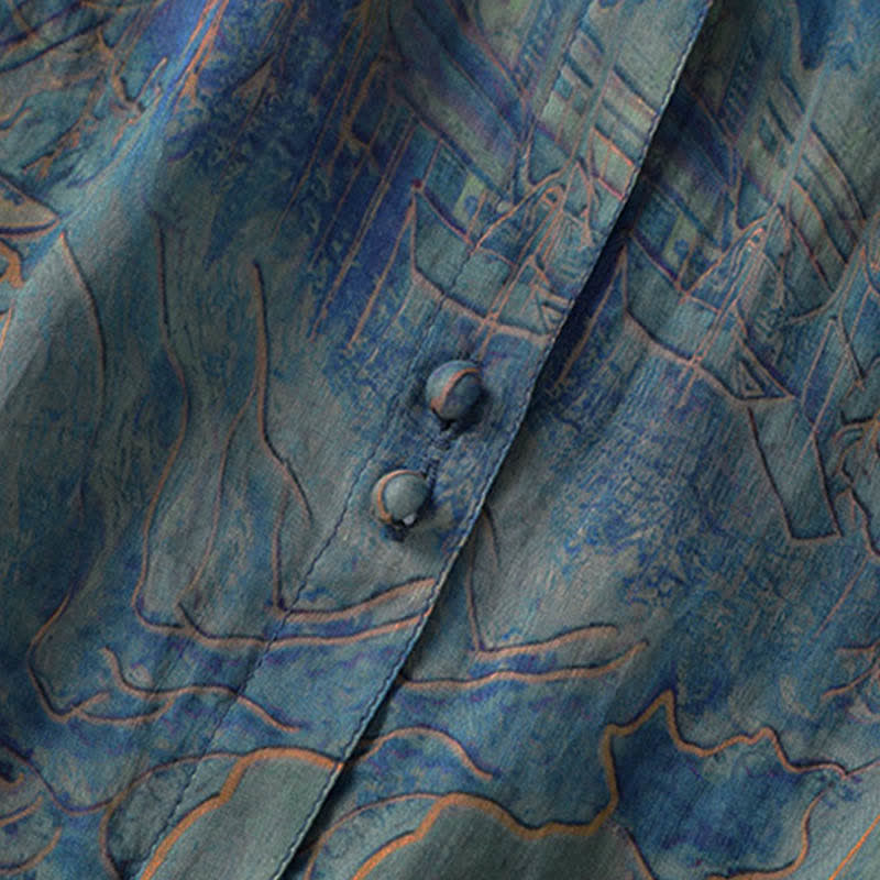Buddha Stones Summer Floral Print Button Up Mandarin Collar Chiffon Women's Elbow-Length Sleeve Shirt - image 5