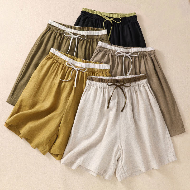 Buddha Stones Solid Color Contrast Color Waist Lace-up Cotton Linen Women's Shorts With Pockets - image 0