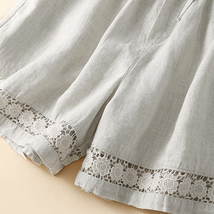 Buddha Stones Plain Color Bottom Hollow Lace Design Lace-up Cotton Women's Shorts With Pockets - image 7