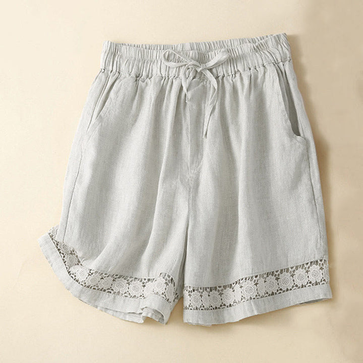 Buddha Stones Plain Color Bottom Hollow Lace Design Lace-up Cotton Women's Shorts With Pockets - Beige - US12，UK/AU16，EU44 (3XL) - image 0