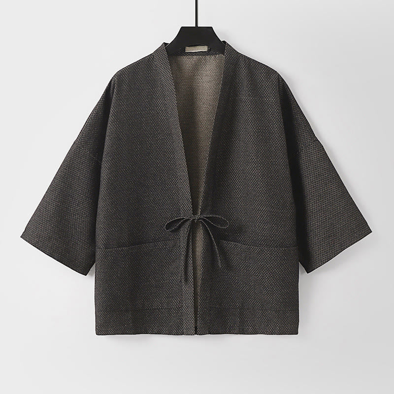 Buddha Stones Fall Casual Minimalist Drawstring Solid Cotton Linen Men's Kimono With Pockets - image 1