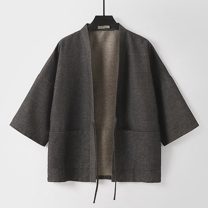 Buddha Stones Fall Casual Minimalist Drawstring Solid Cotton Linen Men's Kimono With Pockets - DimGray - US/UK/AU54，EU64 (9XL) - image 0