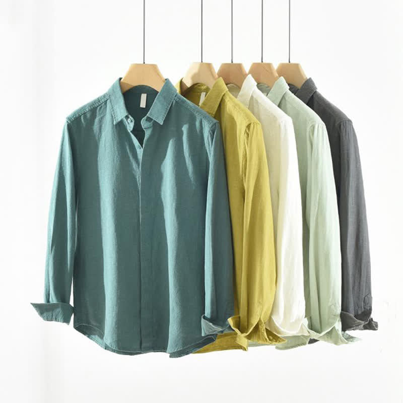 Buddha Stones Spring Fall Casual Minimalist Button-Up Solid Ramie Men's Long Sleeve Shirts - image 14