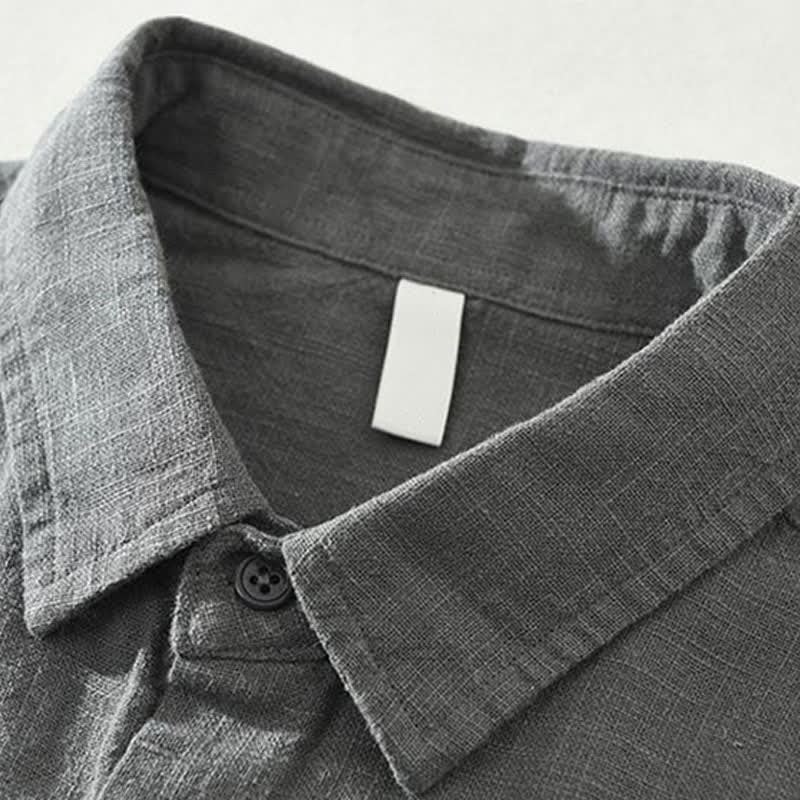Buddha Stones Spring Fall Casual Minimalist Button-Up Solid Ramie Men's Long Sleeve Shirts - image 1