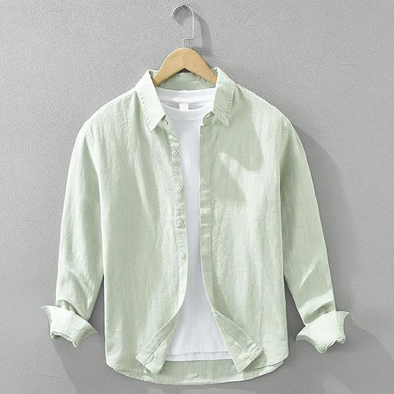 Buddha Stones Spring Fall Casual Minimalist Button-Up Solid Ramie Men's Long Sleeve Shirts - MintCream - US/UK/AU42，EU52 (3XL) - image 9