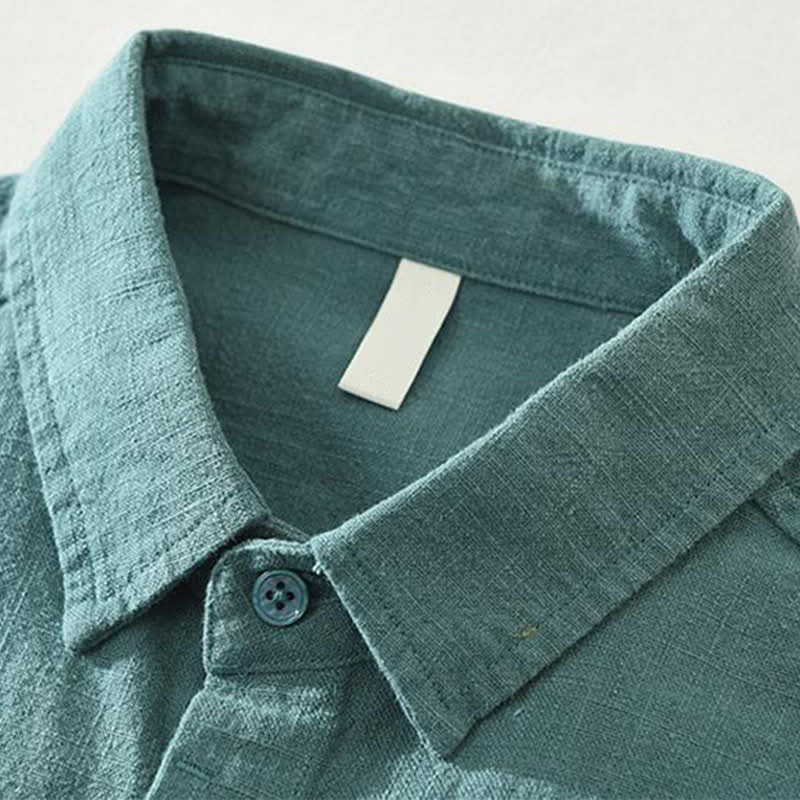 Buddha Stones Spring Fall Casual Minimalist Button-Up Solid Ramie Men's Long Sleeve Shirts - image 6
