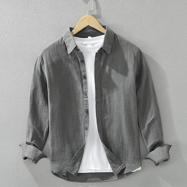 Buddha Stones Spring Fall Casual Minimalist Button-Up Solid Ramie Men's Long Sleeve Shirts - DimGray - US/UK/AU42，EU52 (3XL) - image 0