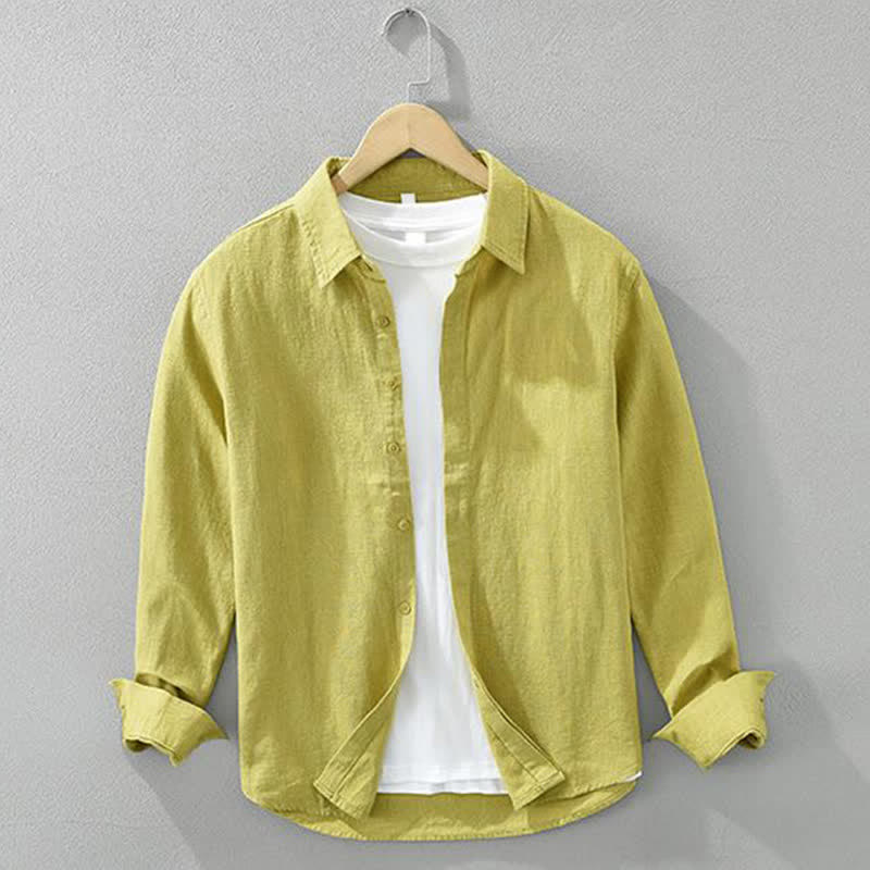 Buddha Stones Spring Fall Casual Minimalist Button-Up Solid Ramie Men's Long Sleeve Shirts - Khaki - US/UK/AU42，EU52 (3XL) - image 12