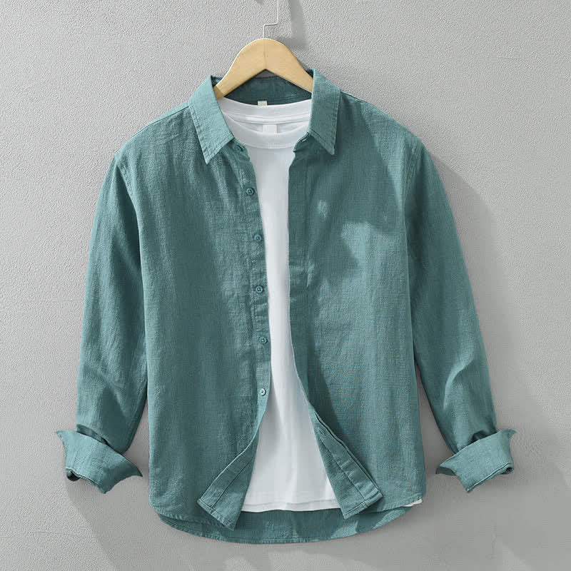 Buddha Stones Spring Fall Casual Minimalist Button-Up Solid Ramie Men's Long Sleeve Shirts - CadetBlue - US/UK/AU42，EU52 (3XL) - image 4