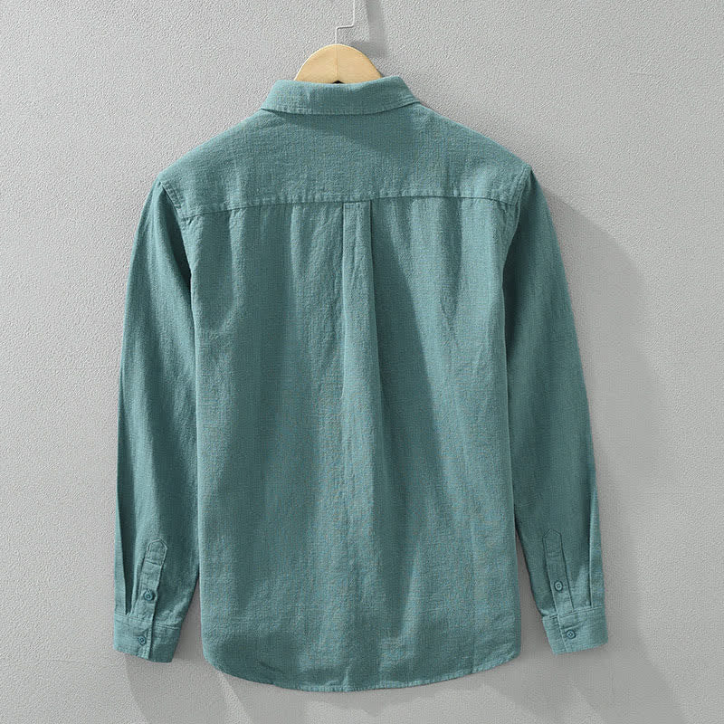 Buddha Stones Spring Fall Casual Minimalist Button-Up Solid Ramie Men's Long Sleeve Shirts - image 5