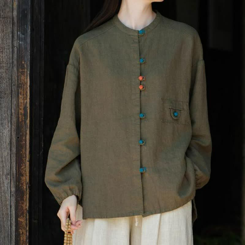 Buddha Stones Fall Tang Style Vintage Frog Button Solid Ramie Women's Long Sleeve Shirts - Olive - US4-8/10，UK/AU8-12/14，EU36-40/42 (F) - image 11