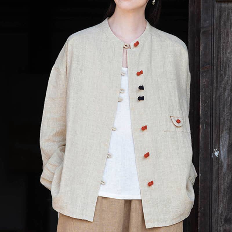 Buddha Stones Fall Tang Style Vintage Frog Button Solid Ramie Women's Long Sleeve Shirts - Linen - US4-8/10，UK/AU8-12/14，EU36-40/42 (F) - image 5