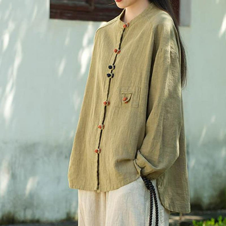 Buddha Stones Fall Tang Style Vintage Frog Button Solid Ramie Women's Long Sleeve Shirts - image 3