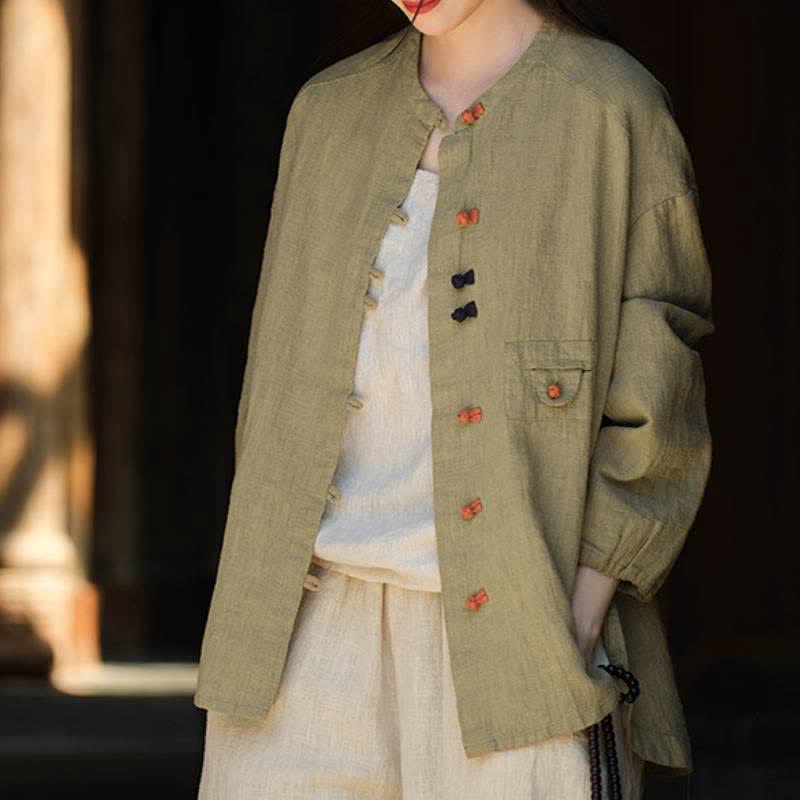 Buddha Stones Fall Tang Style Vintage Frog Button Solid Ramie Women's Long Sleeve Shirts - DarkKhaki - US4-8/10，UK/AU8-12/14，EU36-40/42 (F) - image 0