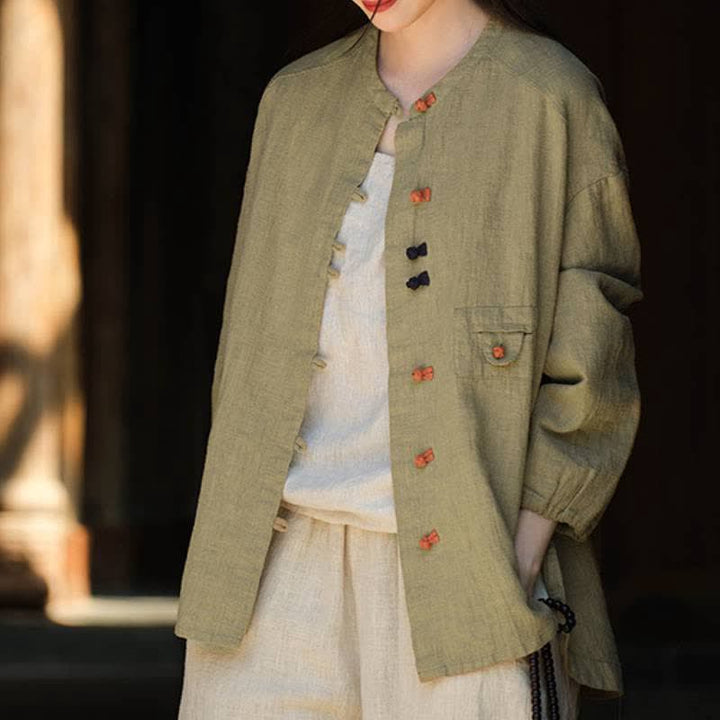 Buddha Stones Fall Tang Style Vintage Frog Button Solid Ramie Women's Long Sleeve Shirts - DarkKhaki - US4-8/10，UK/AU8-12/14，EU36-40/42 (F) - image 0